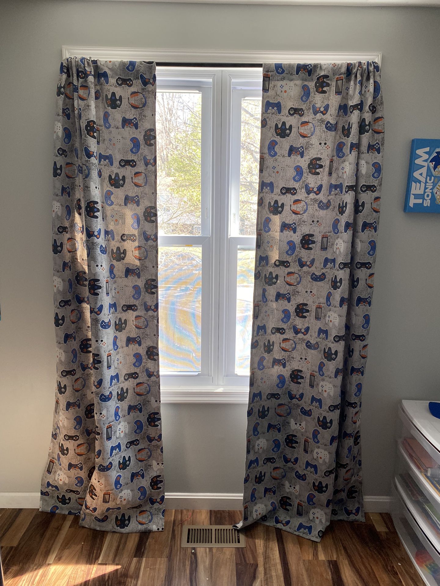 Two Panels Of Gamer Curtains (Brand New,Hung Up Only To Realize They Are Too Long For My Space So Took Them Down)