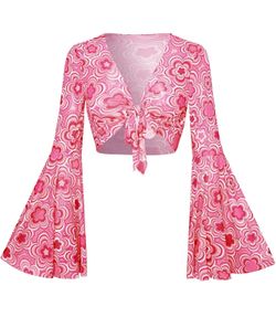LARGE PINK Flower Women's Bell Sleeve Crop Top Tie Front Long Sleeve Blouse Sheer Mesh Top