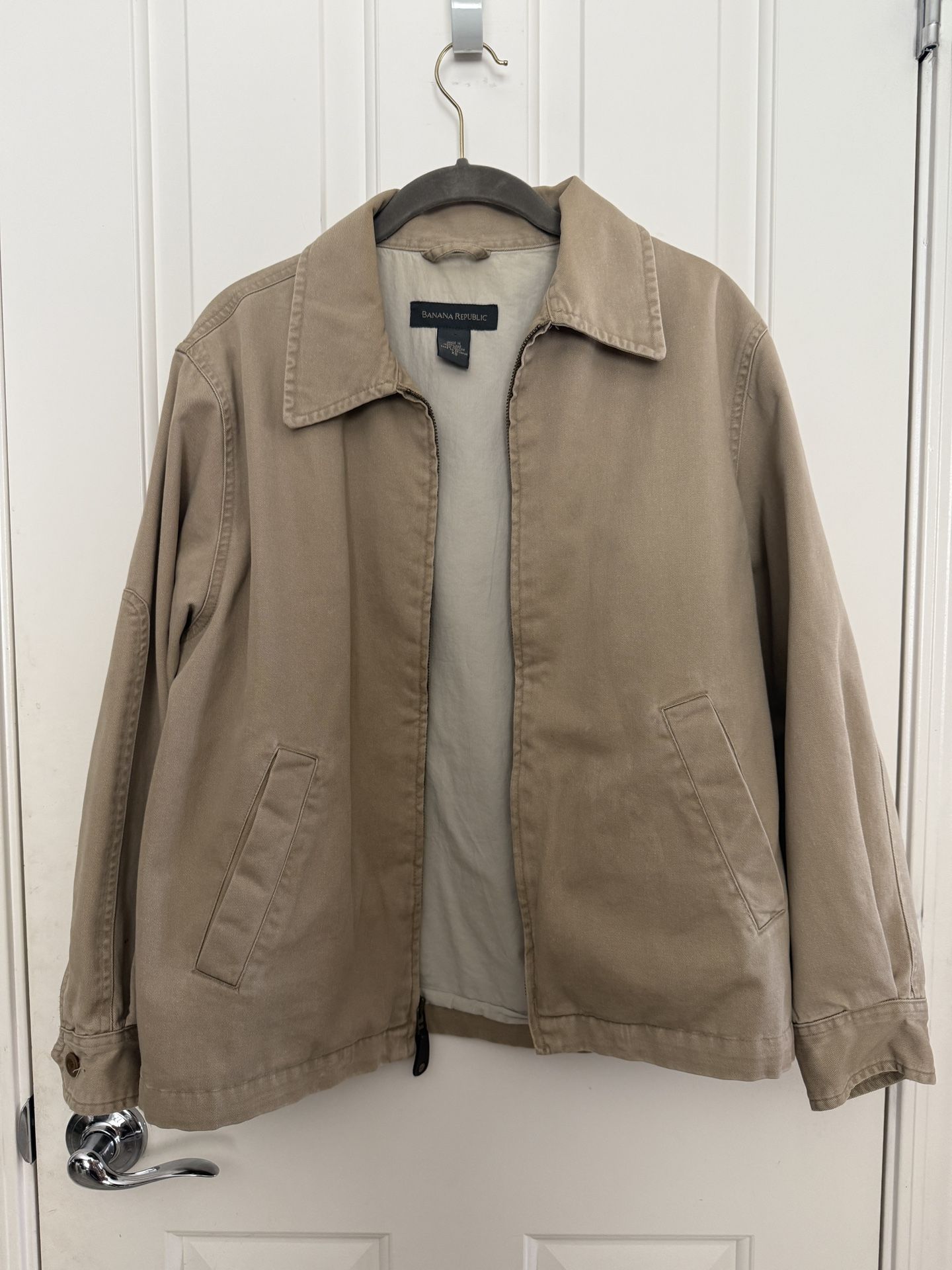 Lands End Tan Khaki Men’s XS Collared Zip Jacket Slant Pockets Reinforced Elbows