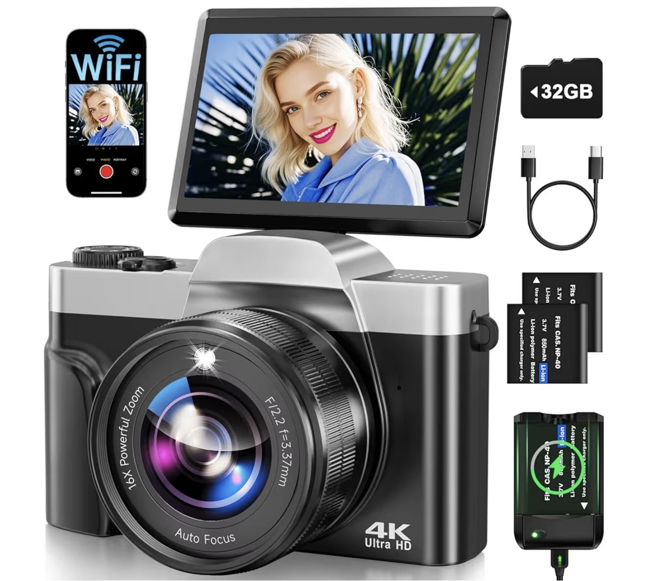 4K Digital Camera for Photography with WiFi 64MP Auto-Focus Vlogging Camera for YouTube Video 3'' 180° Flip Screen 4K Cameras 16X Zoom Anti-Shake Comp