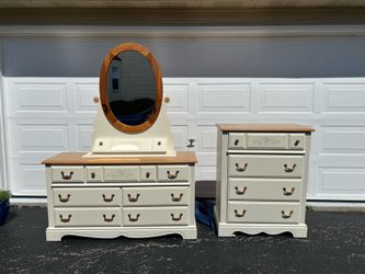 3 piece vintage 90’s set of bedroom furniture mirror, dresser, chest of drawers with painted floral detail