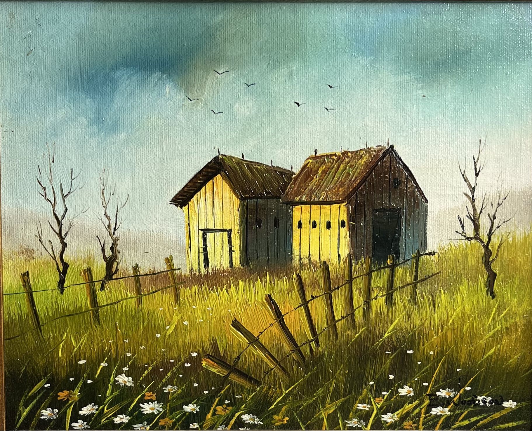 VTG Signed E. Woodson Framed Oil Painting Country Barn Fields Landscape