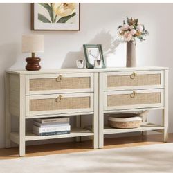 SICOTAS White Night Stand Set of 2, Large Nightstand with Drawers and Storage Shelf - Rattan Boho Bedside Table Narrow Side Table for Bedroom（2PS）$120