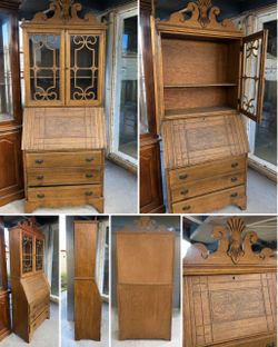Vintage Wood Secretary Desk & Bookcase with Glass Doors 250$