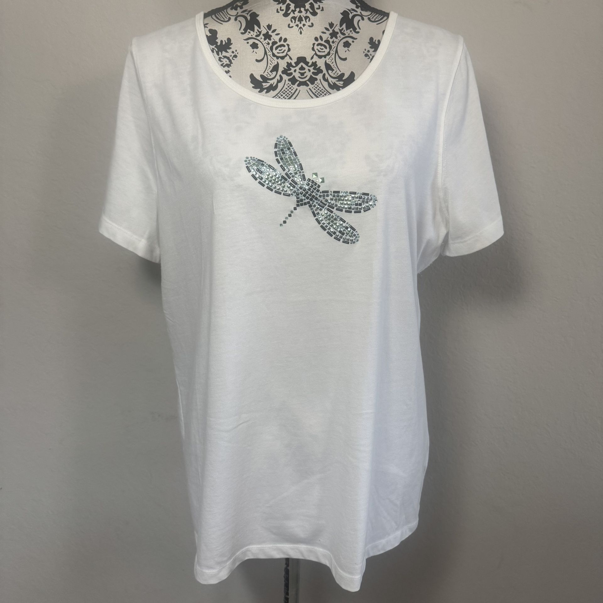 Coral Bay Women’s T-shirt Beaded Dragonfly Size XL White