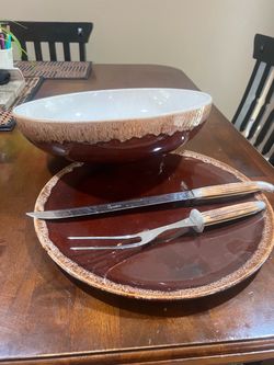 Rubel 907 13” Serving Bowel Set Drip Glaze Ceramic Bowl and Plate Set with Carving Set