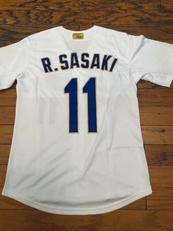 White blue and gold Roki Sasaki Los Angels dodgers jersey championships World Series