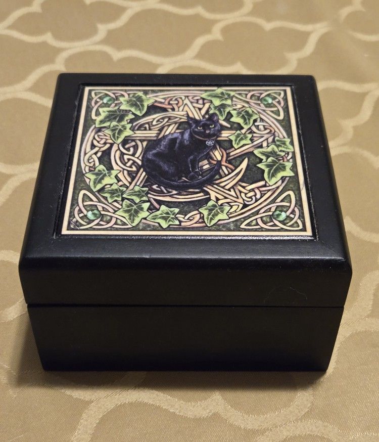 Black Cat Celtic Inlaid Tile Square Jewelry/Trinket Box 5"