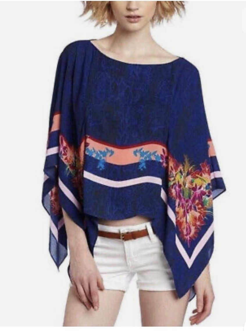 BCBG MaxAzria XS S Kei Scarf Print Poncho Kimono Sleeve Blouse Top Shirt