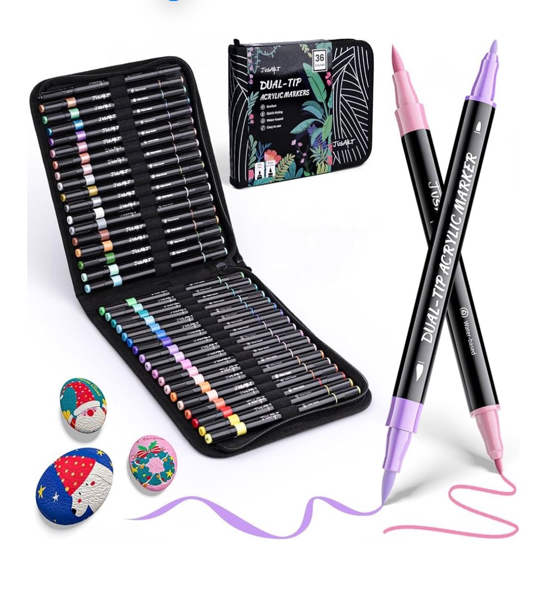 36 Dual Tip Acrylic Paint Markers Set – Brush & Fine Tip Pens for Rock, Wood, Glass, Canvas, Ceramic – Art Supplies with Storage Bag