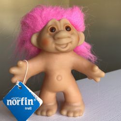 Vintage 1986 Norfin 5” Troll Neon Pink Hair School Dayze Original Tag 