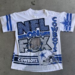 Vtg 1996 AOP Dallas Cowboys NFL On Fox All Over Print Football T Shirt Sz Med