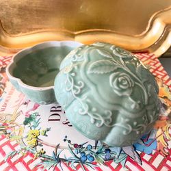 Vintage Porcelain Celadon Longquan Box With Raised Flowers and Ruyi Design Motif