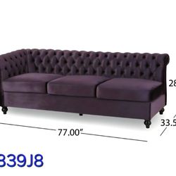 Noble House Amberside 3 Seat Velvet Tufted Chesterfield Sectional in Blackberry
