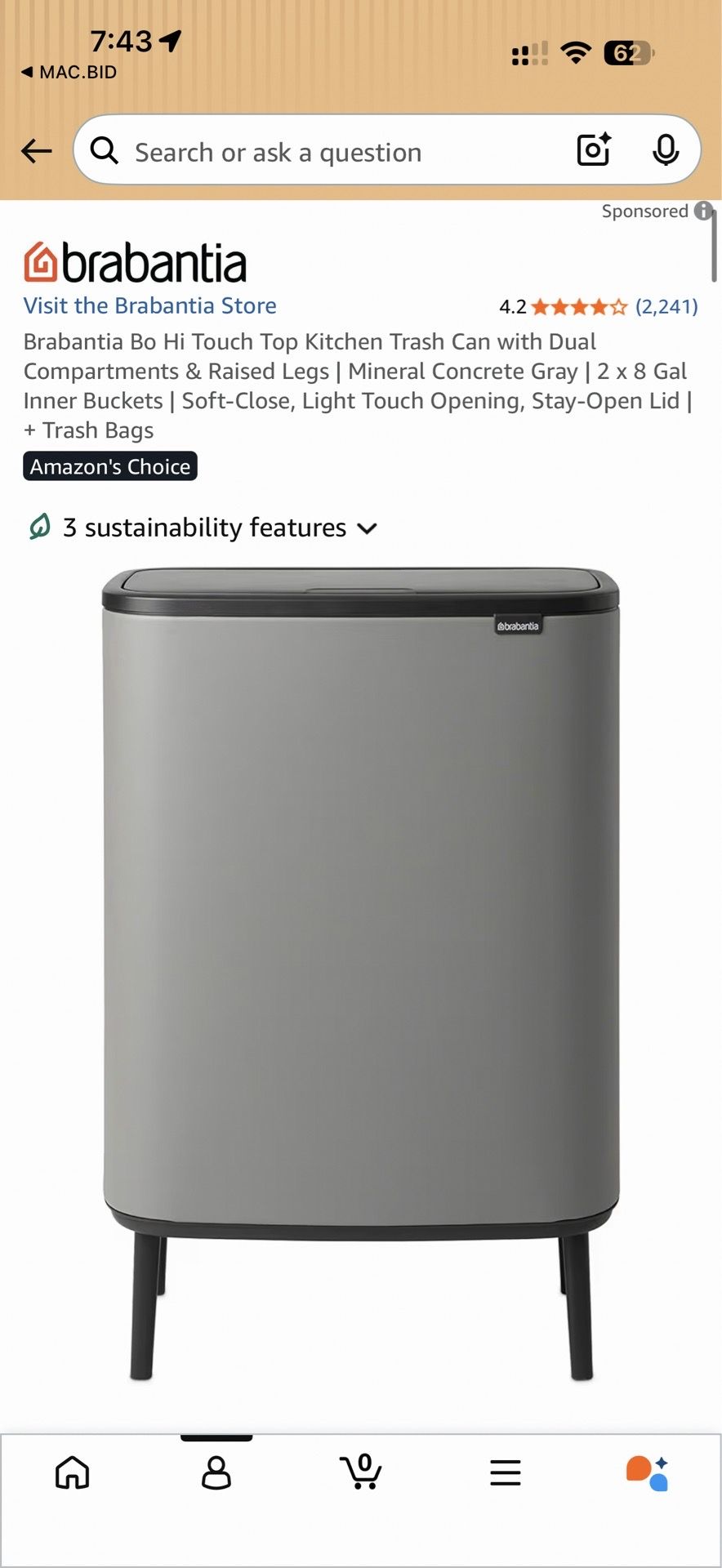 Brabantia Bo Hi Touch Top Kitchen Trash Can