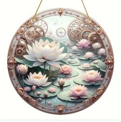 Brighten any room with the captivating charm of this Stained Glass Acrylic Suncatcher, featuring a delicate pink flower nestled among serene, vibrant 