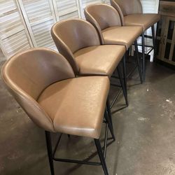 Watson & Whitely Barstools Bar Height Set of 4 Upholstered 360° Swivel Bar Stools with Backs and Metal Legs, 30" H Seat Height, Faux Leather in Saddle
