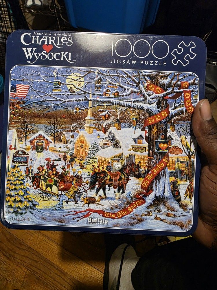 New Charles Wysocki Small Town Christmas 1000 Puzzle New Buffalo Collectible Tin