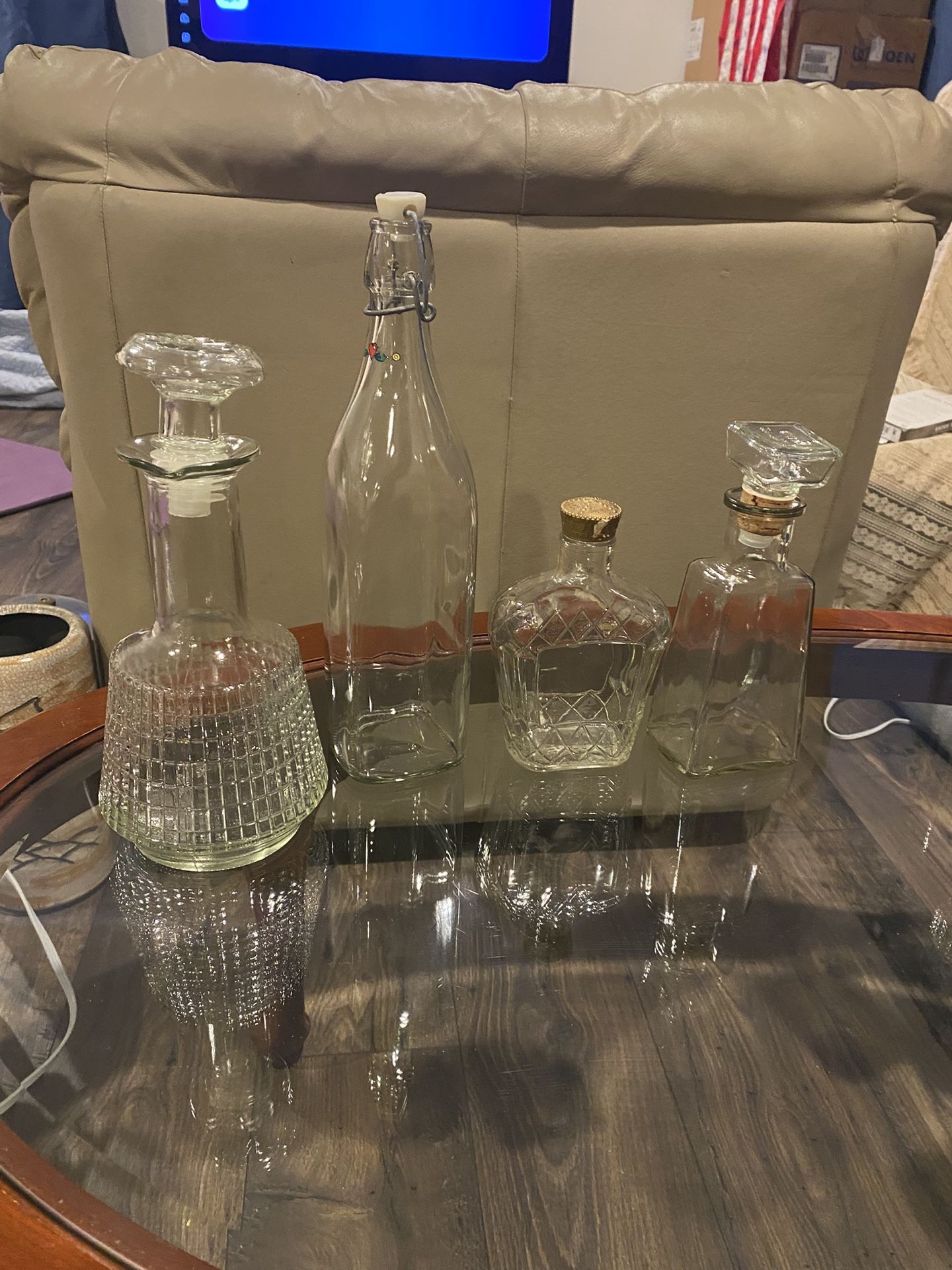 A Lot Of Bottles And Empty Liquor Decanter With Stoppers. Clear Glass Vintage..