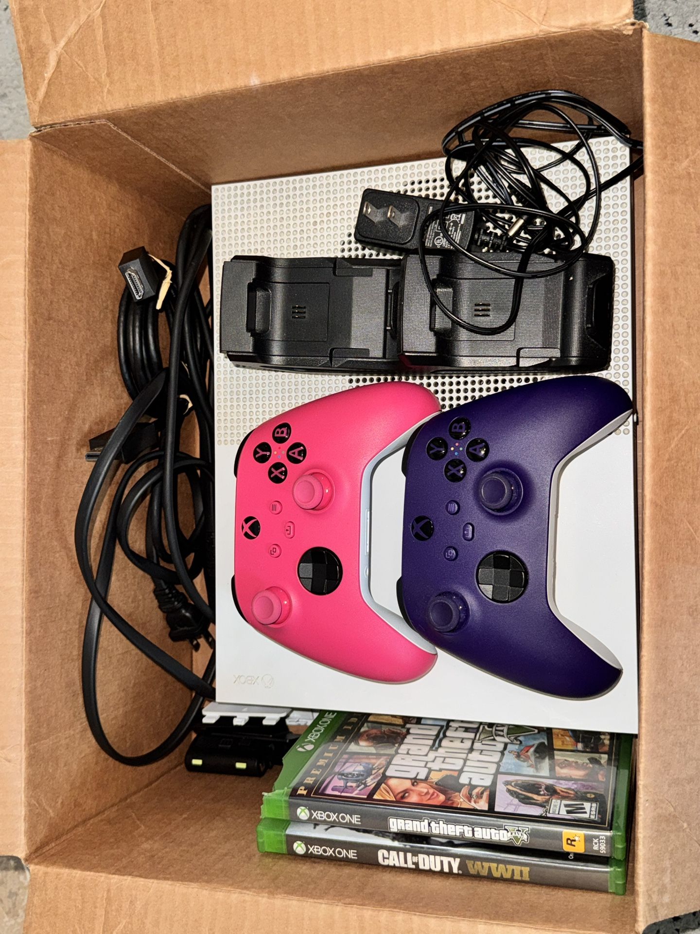 Xbox one S with controllers, games, charging stand included!!