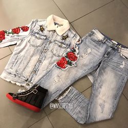 Denim roses jacket and jeans set