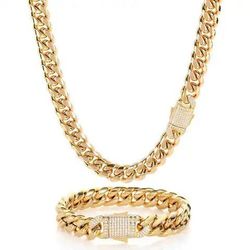 2 Piece Of Cuban Chain Necklace & Bracelet Hip Hop Gold Iced Out Paved Rhinestones Cz Bling Rapper, Birthday, Graduation, Gifts 🎁🎁🎁🧧🧧🧧🧧