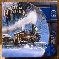 Red Blaylock round puzzle Climbing Eagle Pass 500 pc Masterpieces railroad train 