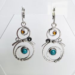 Circle  Earrings blue turquoise Silver drop dangle bohemian French hook