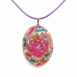 Multicolor candy sprinkles pink iridescent heart pendant on purple cord necklace