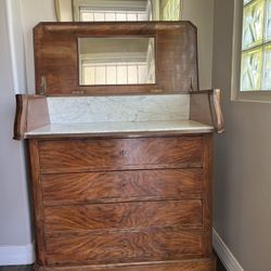 Antique 19th Century Burl Wood Dresser With 4 Drawers Marble Bar Top And Mirror 