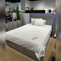 Light Taupe / White  / Black LED On  Headboard Queen  / Eastern King Size Bed Frame  - Mattress Sold Separately 
