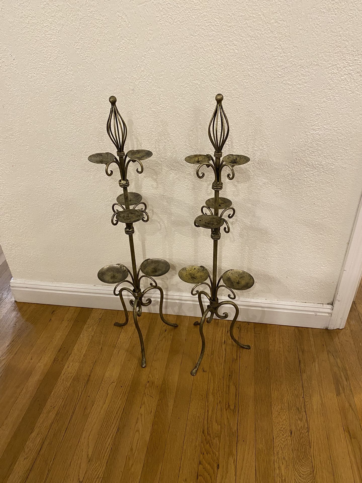 Set Of 2 Twisted Wrought Cast Iron Metal 35” Tall Floor Standing 6 Candle Holder