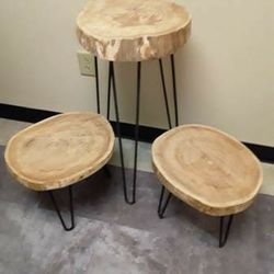 Matching Set of Wood & Rod Iron Lamp Table & Foot Stools - (Very Unique) - Indoor or Outdoor Use