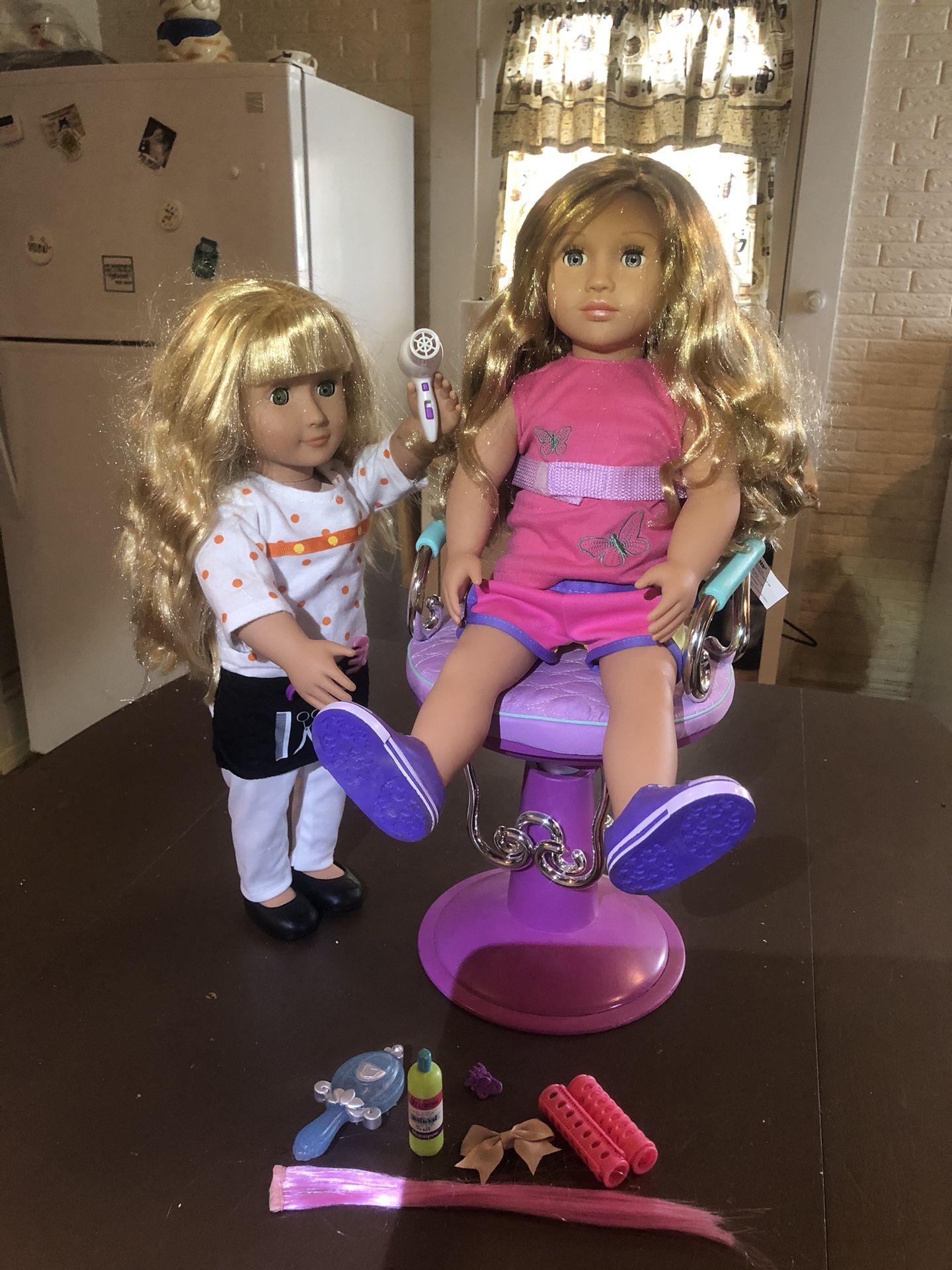2 Our Generation Dolls With Salon Chair And Accessories