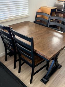 Solid Wood Costco Dining Table + 5 Chairs + Extension Leaf – $425 OBO