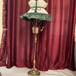 Vintage tea kettle lamp with ornate shade need some work brass copper and Maplewood