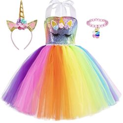 7 - 8 Years Old Unicorn Girl Dress for Birthday Outfit Princess Costume Rainbow Tutu Dress