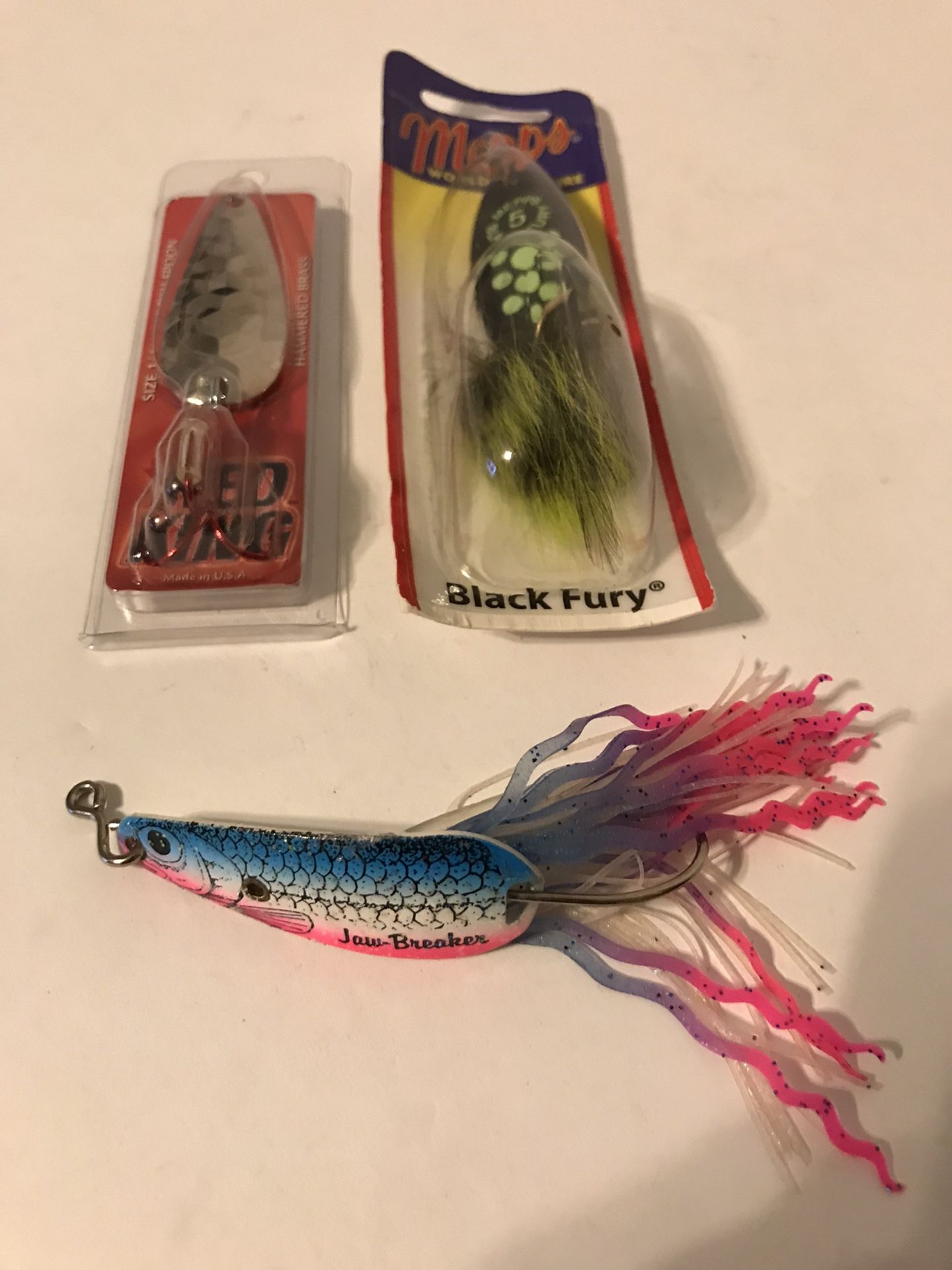 3 Fishing Lures 2 New 1 Used: Mepps Black Fury, Redfish Spoon, & Jaw-Breaker