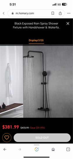 Black Exposed Rain Spray Shower Fixture With Handshower & Waterfall Tub Spout Sh27