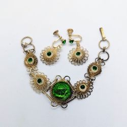 Antique Silesia Wirework Czech Glass Bracelet & Earrings