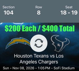 Houston Texans vs LA Chargers NFL Tickets x2