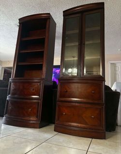 BOMBAY Vintage Solid-Wood Bookshelves With Filing Cabinets & Glass Doors- Good Condition
