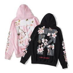 OFF WHITE cherry blossom hoodie, OW flower series for men and women - 320g pure cotton hoodie. Black and pink, yards M to XXL,