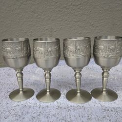 4 Set Of Beautiful Vintage Thailand Globlet Pewter Regular Size And Elephant Design