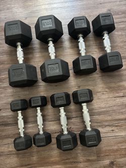 DUMBBELL WEIGHTS 2x5, 2x10, 2x15 and 2x20 lbs $90 FIRM. Great condition