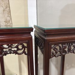 Pair of Chinese Hardwood Stands.  Pot Stands with (or Talbe Lamps) with Carvings 