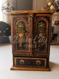 Vintage Hand-Painted Wooden Jewelry Cabinet with Drawers & Doors