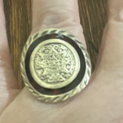 Aztec Calendar, Sterling Silver, Enamel Ring Size 6.5