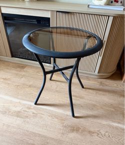 Round Black Metal Side Table with Glass Top