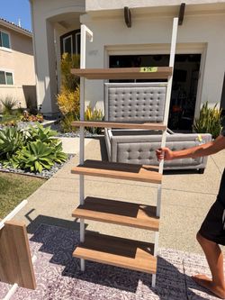 Modern Ladder Bookshelf White and Wood